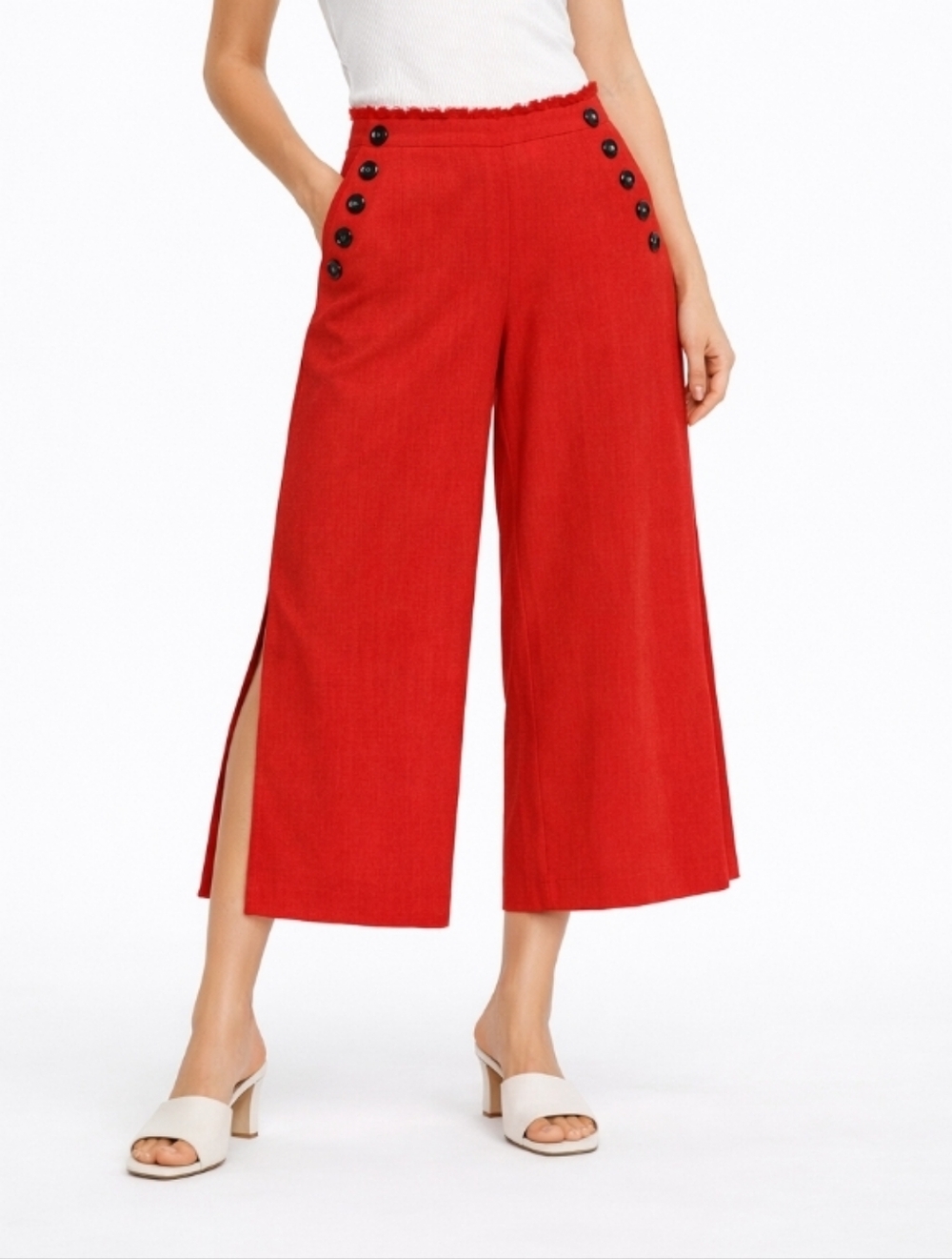 Aqua Wide Leg Linen Cropped Pants High Rise Red Medium